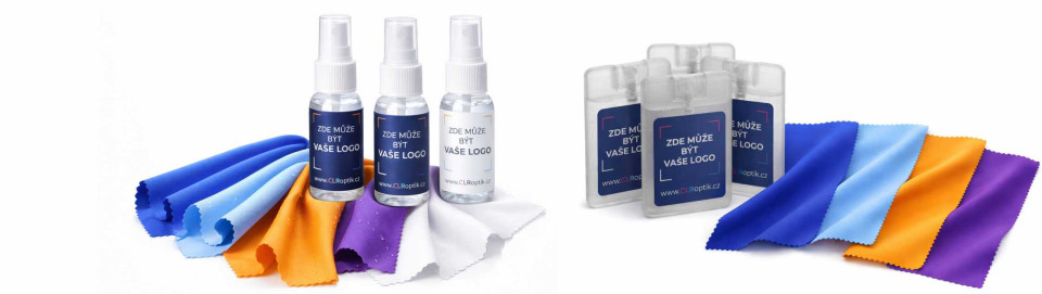 Pouzdra, spreje, mikrovlákna a tašky s potiskem